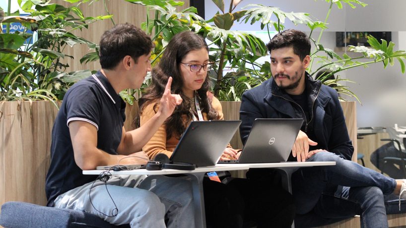 Tres interns conversando con sus laptops entre plantas