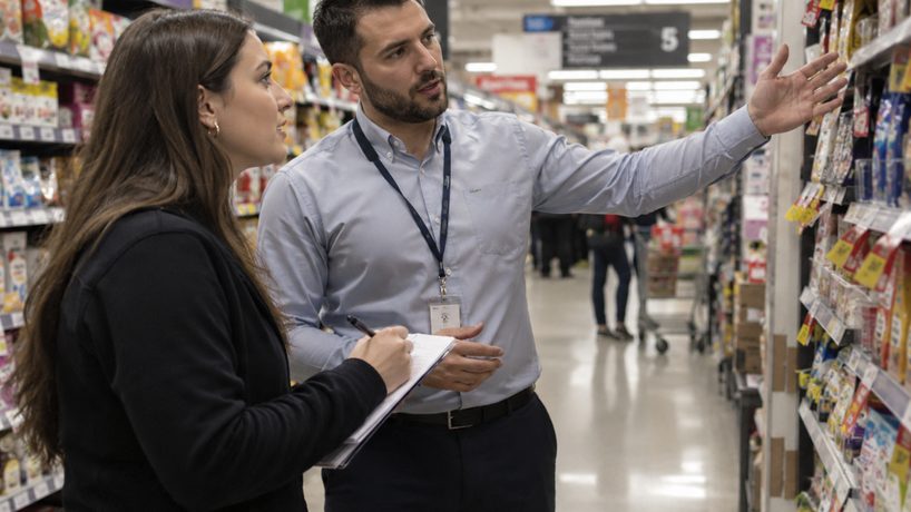 Equipo de ventas revisando la exhibición en un pasillo de supermercado
